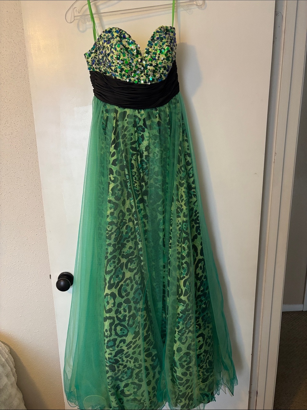 Jovani Green and Black Strapless Beaded Gown